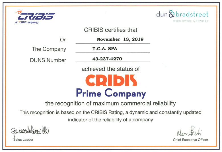 CRIBIS D&B awards the Cribis Prime Company 2019 to TCA